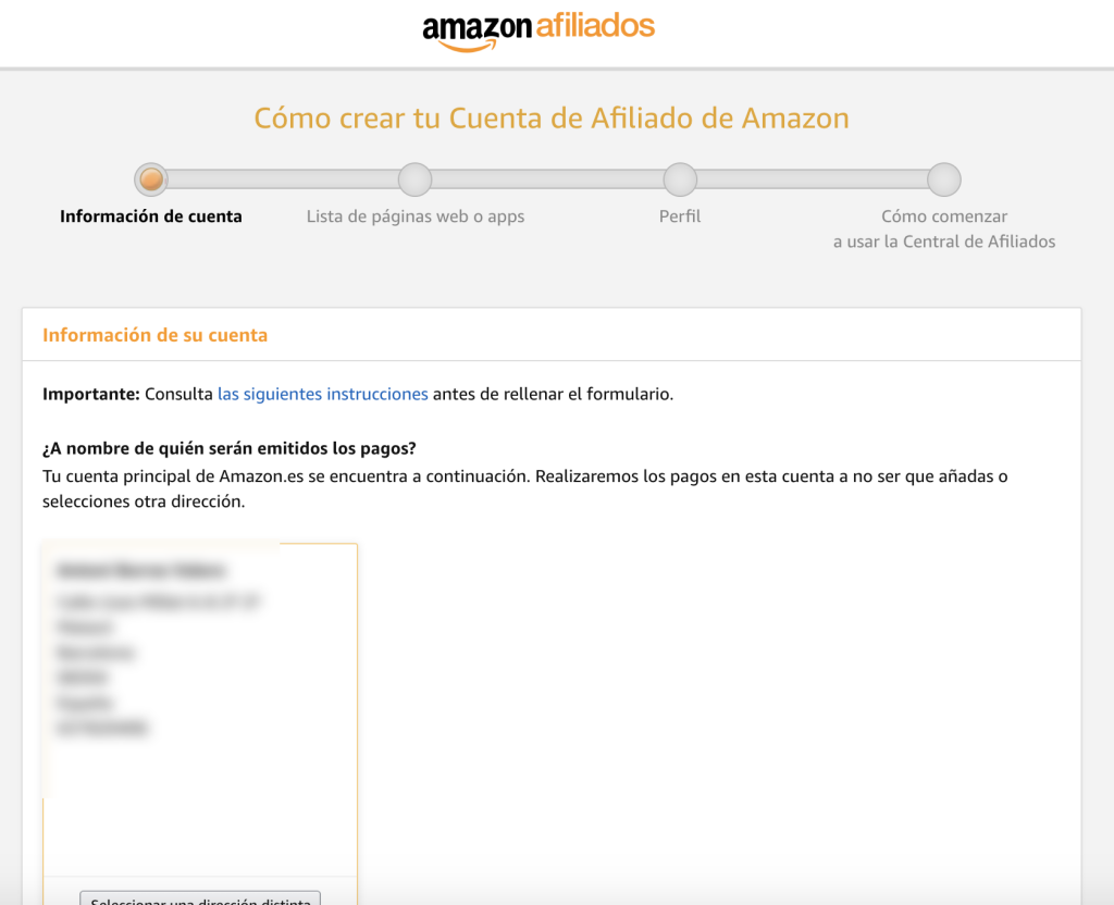 Formulario de afiliación de Amazon