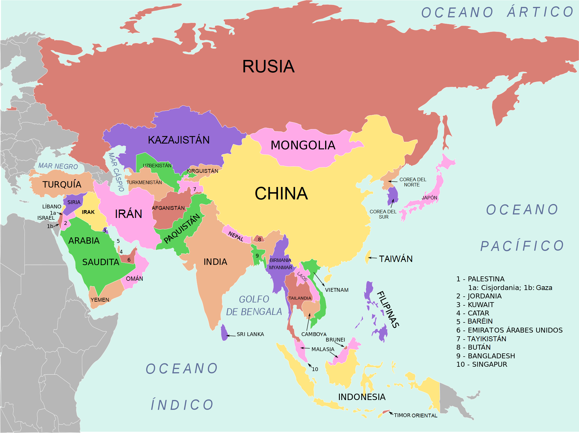 Mapa de los países asiáticos
