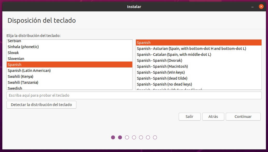 Pantalla de instalación de Ubuntu