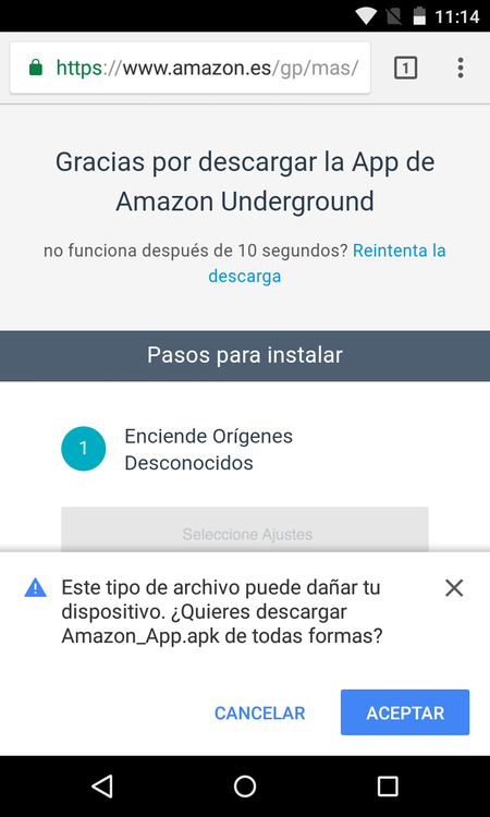 Pantalla de descarga de APK