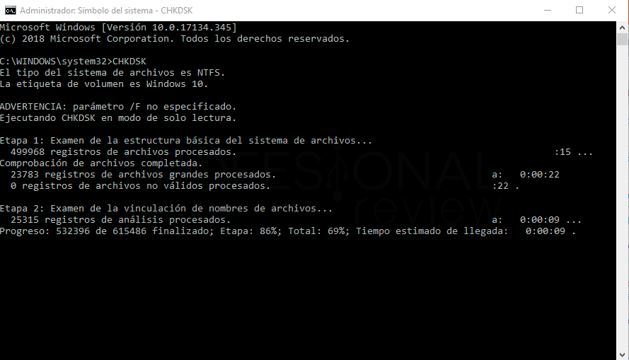 Comando CHKDSK en acción