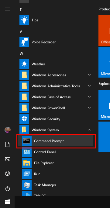 command prompt in the start menu