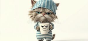 un gato grunon con pijama rayas sujetando una taza de cafe cara frunciendo el ceno concepto humoristico y relativo las 353898886