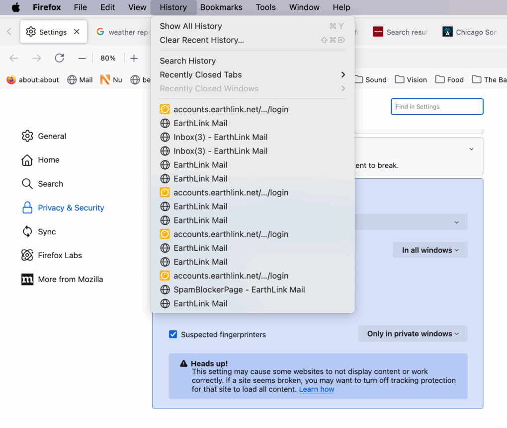 Menú desplegable de historial