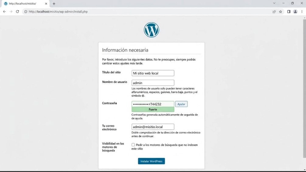 Asistente de configuración e instalación de WordPress en Localhost
