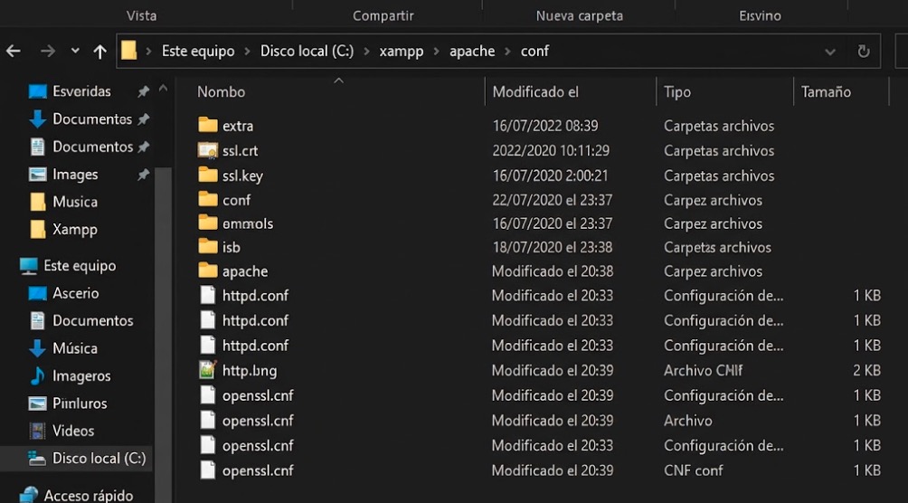 Configuración de archivos de certificado y clave SSL en Apache XAMPP