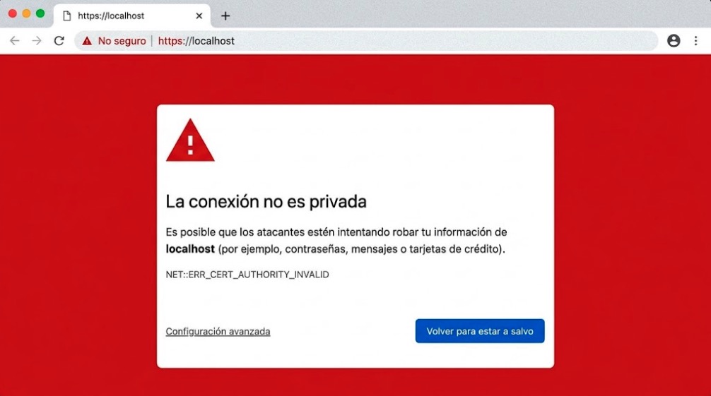 Error de conexión no privada y certificado no válido en localhost