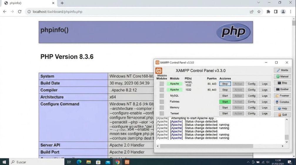 Verificación exitosa de PHP 8 actualizado en Apache XAMPP